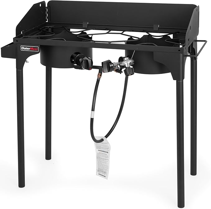 Propane Double Burner for Outdoor Cooking Two Camping Stove with Removable Windscreen and Detachable Legs Stand for Home Brewing Camping BBQ