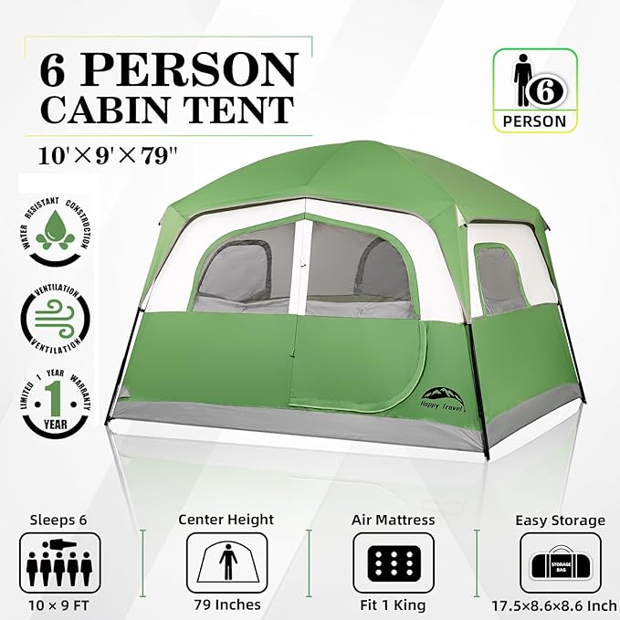 Happy Travel Tent 6 Person Tents for Camping Waterproof Easy Setup Camping Tent with Rainfly Portable Large Family Cabin Tent with 5 Large Mesh Windows and Carry Bag for Outdoor Camping &amp Hiking