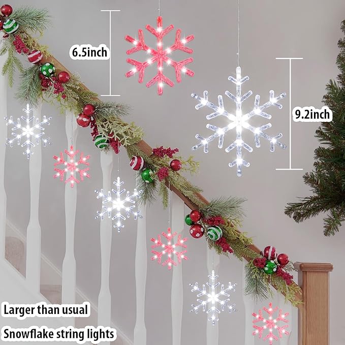Christmas Snowflake Icicle Lights-9ft 150LED Twinkling Christmas Lights with Timer Waterproof Connectable Hanging 10 Drop for Eave Window Porch Xmas Indoor Outdoor Decoration (Red and White)