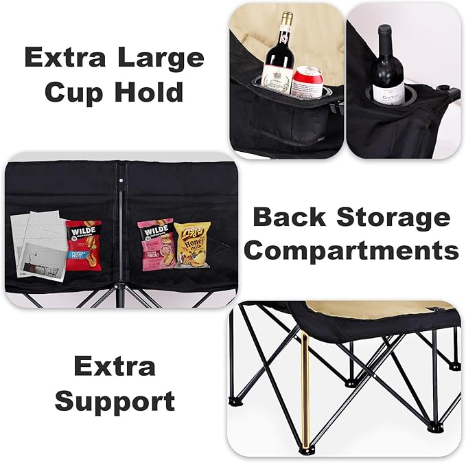 Double Camping Chair Loveseat Camping Chair Double Folding Chair Camp Chairs for Adults Heavy Duty Two Person Camp Chair Padded Camping Couch 2 Person Lawn Chairs - Support 650 lbs - Khaki