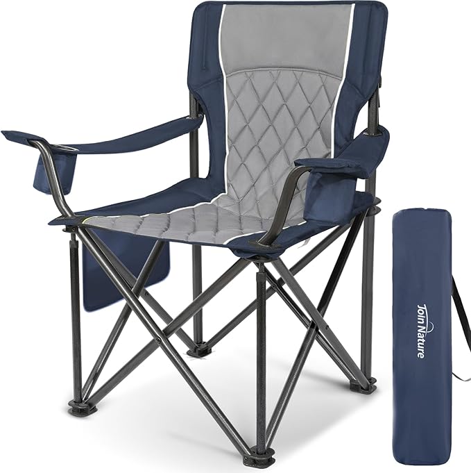 Folding Camping Chairs for Adults Padded Folding Chairs for Outside Heavy Duty with Cup Holders &amp Side Pocket Support up to 500 lbs Blue