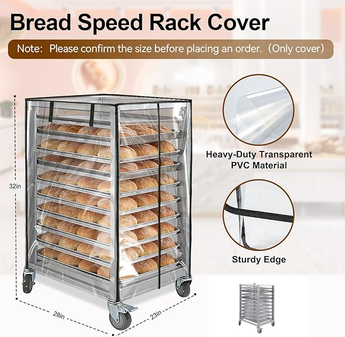 Speed Bun Pan Sheet Rack Cover with ZipperFit 10 Tier Commercial Bread Speed Rack Cover for Bakery Racks23x28x32 Clear PVC Waterproof &amp Dust proof Cover with Breathable Mesh Vent