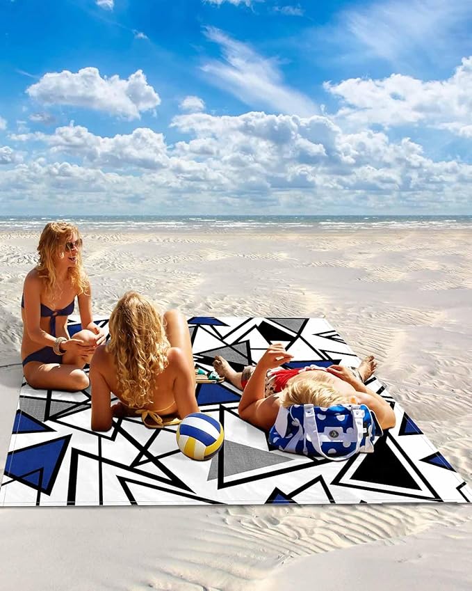 Beach Blanket Waterproof Sandproof OversizedNavy Blue Black Geometric Triangle Beach Mat with Corner Stakes Sand PocketsModern Abstract Style Outdoor Picnic Mat for Travel Camping Hiking118x108In