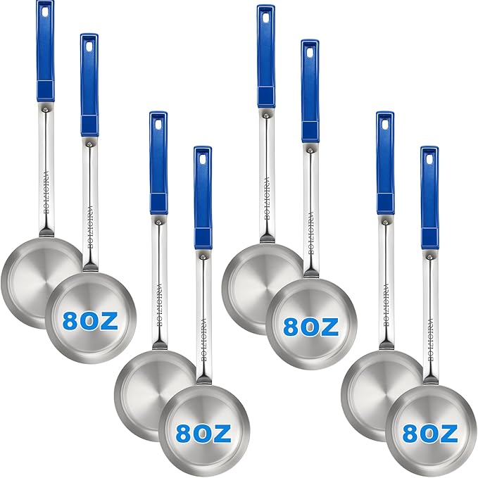 8 Pcs 8oz Portion Control Serving Spoons Unslotted Portion Scoops for Food with Blue Handle Stainless Steel Serving Utensils Set for Restaurant/Weight Loss/Baking