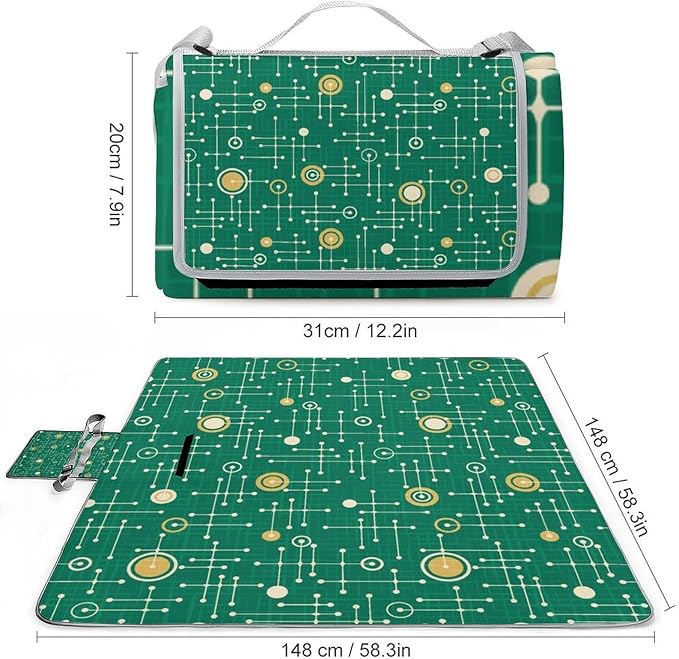 Colorful Retro Mid Century Modern Atomic Pattern Waterproof Outdoor Picnic Blanket Sandproof Beach Mat for Camping Hiking Grass Travelling