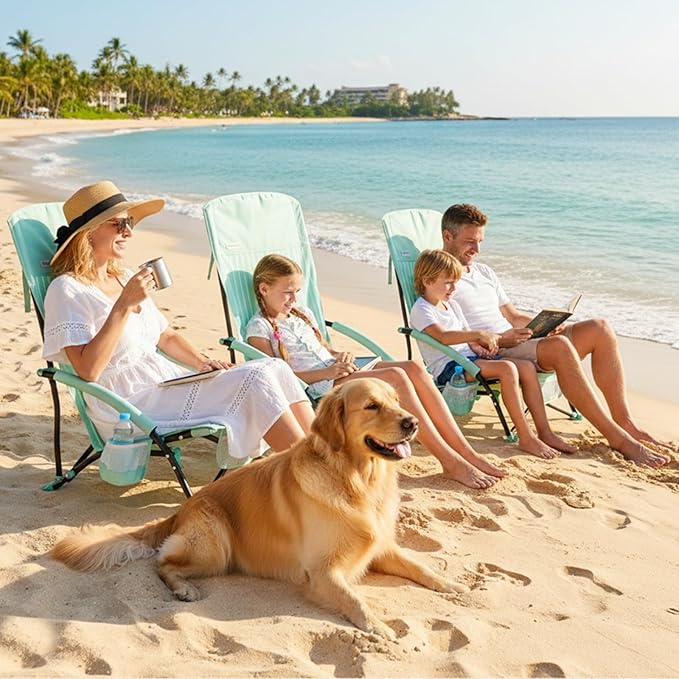 SUNNYFEEL Folding Beach Chair High Back Beach Chairs for Adults Lightweight Portable Camp Chair 300lbs Heavy Duty with Carry Bag Cup Holder for Outdoor Travel Picnic Concert 2 Pack Green