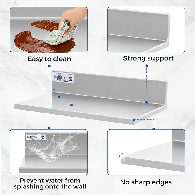 Profeeshaw Stainless Steel Shelf Wall Mounted Commercial Stainless Steel Shelves 8.6 * 16 Inch 44lb Heavy Duty Commercial Kitchen Shelf for Restaurant Bar Utility Room Kitchen and Garage