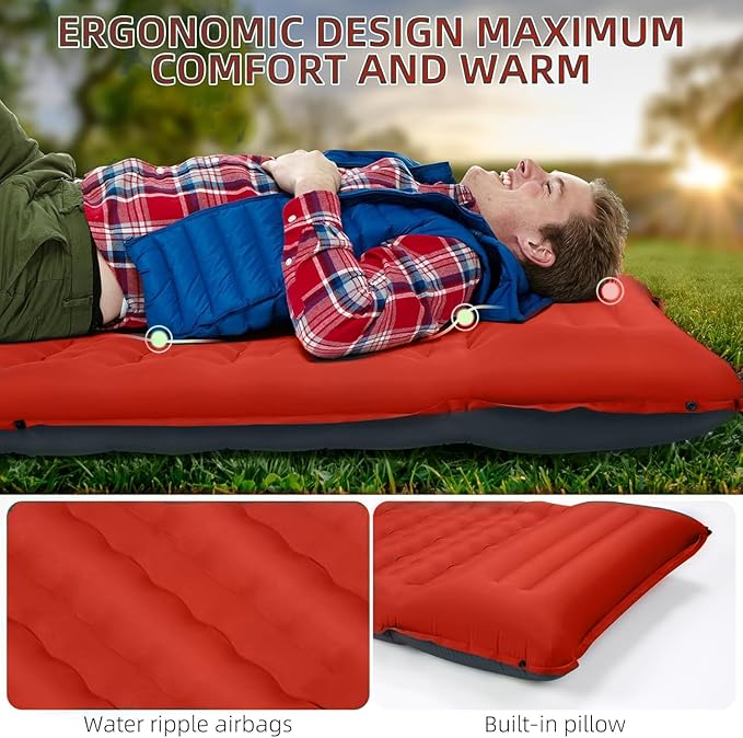 Camping Sleeping Pad Extra Thick 5 Inch Camping Mat with Pillow Built-in Foot Pump Inflatable Sleeping Pads Compact for Camping Backpacking Hiking Traveling Tent（Orange-Black）