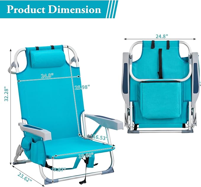 Portable Lightweight Folding Chair for AdultsOutdoor Low Beach Lawn ChairsPortable Backpack Foldable Camping ChairFolding Beach Chairwith Cup Holderfor Patio Pool Yard Garden (Mint Green)