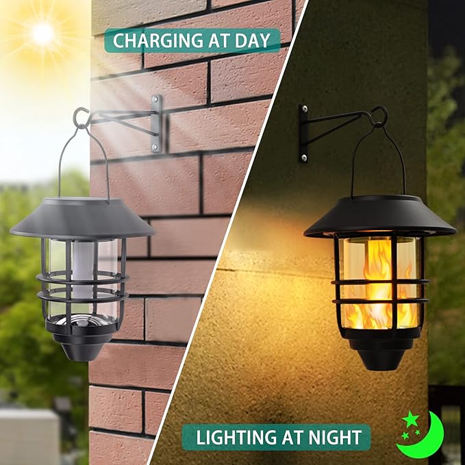 Solar Hanging Lantern Outdoor Flickering Flames Outdoor LightsSolar Lights Waterproof for Wall Fence Patio Porch Yard2 Pack