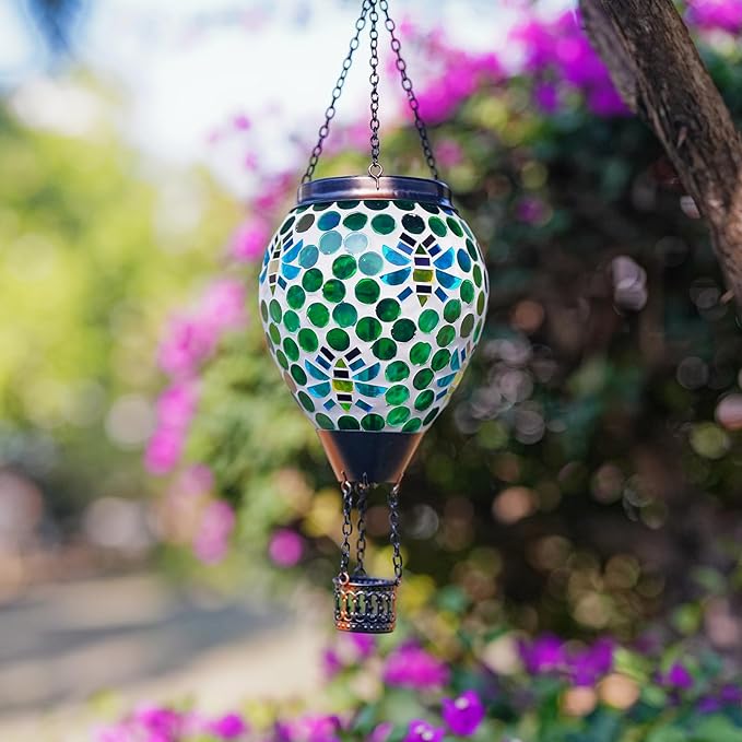 Bee Solar Hot Air Balloon Lantern Outdoor Waterproof Green Mosaic Glass Hanging Solar Lantern Lights Outdoor Hanging Lights for Patio Yard Garden Gift for Mom Grandma Women