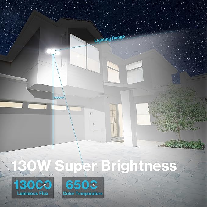 Olafus 130W Flood Lights Outdoor 13000LM Super Bright LED Flood Light IP65 Waterprooof Outdoor Flood Light Fixture 3 Adjustable Heads 6500K Exterior Security Lights for Yard Garage White