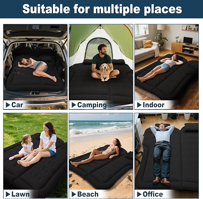 SUV Air Mattress for Camping Air Mattress for Car Compatible with SUV Camping Bed with Pump Inflatable Sleeping Pad for Car Backseat Truck Travel Bed for Road Trip (Black)