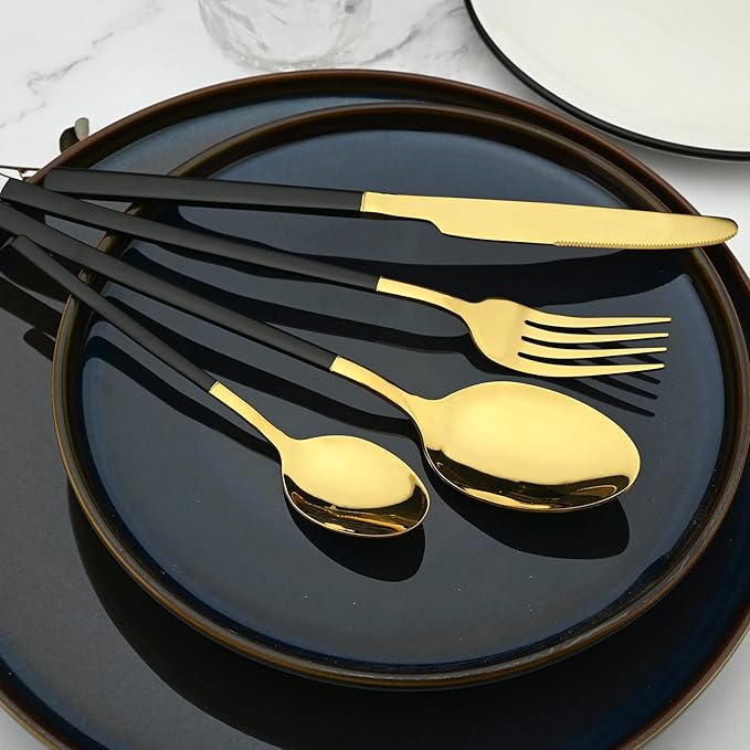 24 Piece Mirror Golden Plated 18/0 Stainless Steel Flatware Set Black Handle With Golden Mouth Silverware Set With Teaspoon Cutlery Set Service for 6