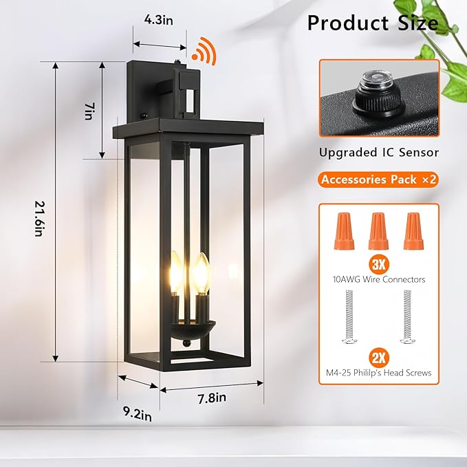 tewei 22 Inch Large Outdoor Wall Lights Dusk to Dawn Outdoor Lighting Fixtures Black Modern Porch Light Outdoor Wall Sconce Lantern Outside Lights for House Garage 1 Pack