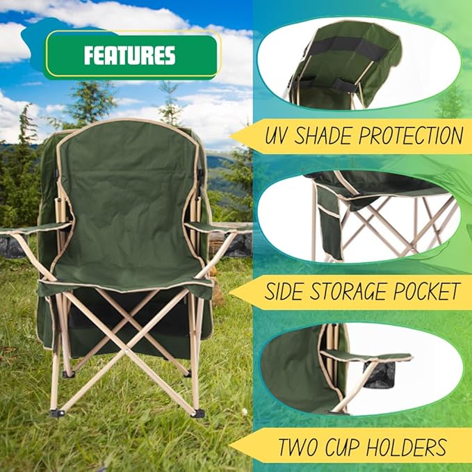 EZONE Folding Canopy Camp Chair for Outdoors Shade Canopy Portable Chair Camping Tailgates Beach Pool Lawn Chair Sunshade Travel Chair Folding Camping Chair (Upgraded - Olive Green)