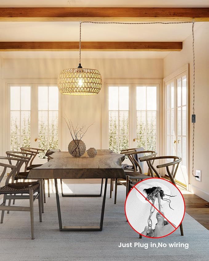 Rattan Boho Hanging Light12.6'' Natural Hand Woven Fabric Drum LightPlug Into Wall Outlet Pendant Light Fixture On/Off Switch for DiningLiving RoomBedroomKitchenHallway Entryway Without Bulb