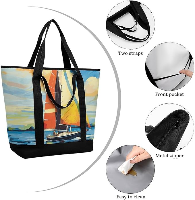 Insulated Shopping BagLarge Reusable Cooler Bags Colorful Sail Boat Printed Foldable Shopping BagTravel Waterproof Shoulder Bag