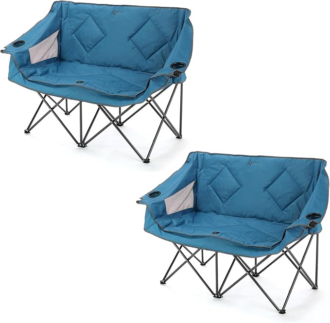 ARROWHEAD OUTDOOR 2-Pack Portable Folding Camp Loveseat Chair w/Glass &amp Cup Holders Heavy Duty Carry Bag 650 lbs Weight Capacity