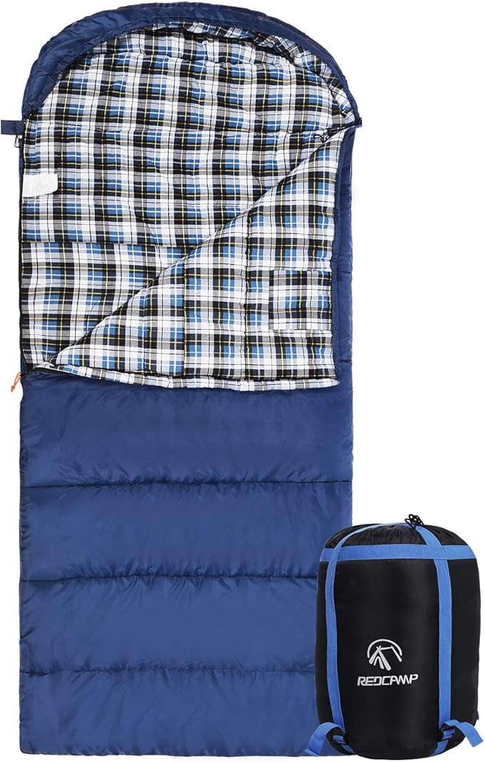 REDCAMP Flannel Sleeping Bag for Adults Comfortable Cotton Sleeping Bags for Camping with Detachable Hood Red/Grey/Blue/Black