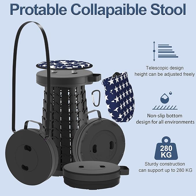 ALEVMOOM 2026 Upgraded 18.1 Collapsible Stool with Cushion &amp Carry Bag 600lbs Max Weight Portable Telescoping Stool More Sturdy Lightweight Retractable Seat Folding Chair for Camping &amp Outd