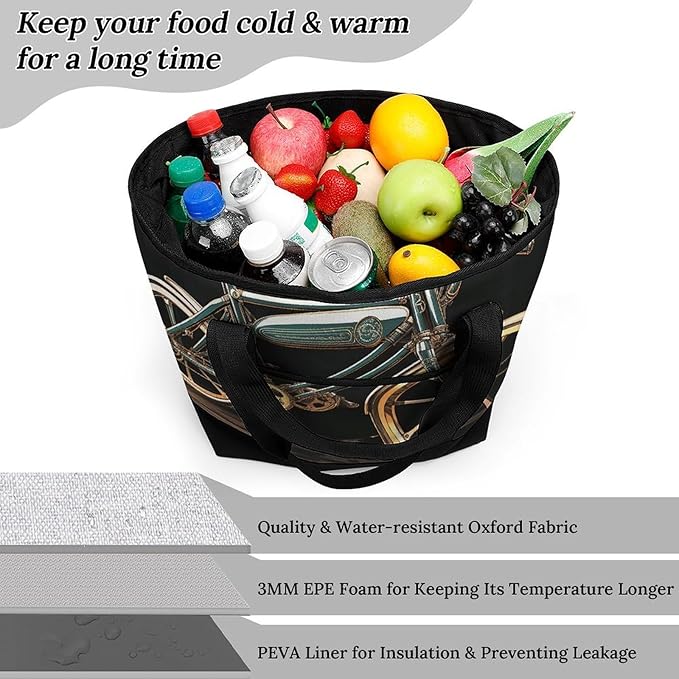 Insulated Shopping BagLarge Reusable Cooler Bags Bike Printed Foldable Shopping BagTravel Waterproof Shoulder Bag