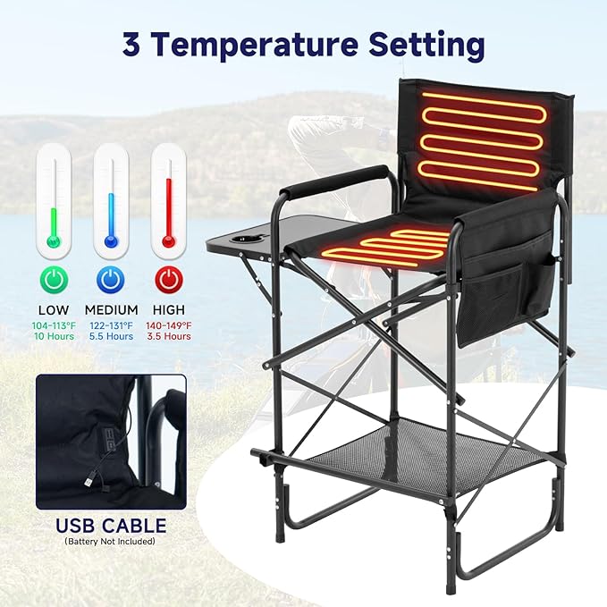 Slsy Taller Heated Camping Chair Heated Portable Camp Chair with 3 Heat Levels Heavy Duty Heated Director Chair for Lawn Outdoor Picnic Lounge Patio