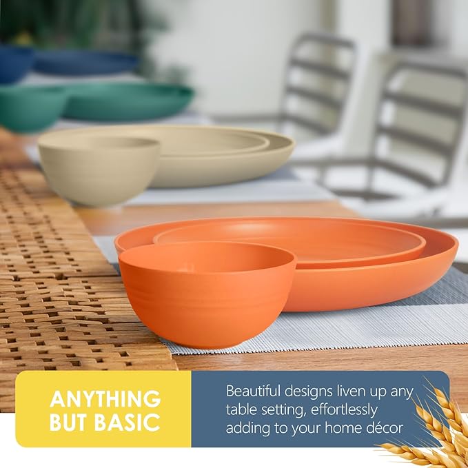 Teivio 32-Piece Kitchen Plastic Wheat Straw Dinnerware Set Service for 8 Dinner Plates Dessert Plate Cereal Bowls Cups for Everyday Dining Unbreakable Plastic Outdoor Camping Dishes Colorful