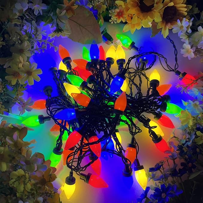 26.4Ft - 50 LED Bulbs Multicolor C7 LED Christmas Lights Outdoor Big Bulb Colored Christmas Tree Lights Plug in Colorful C7 String Lights for Multicolored Indoor Outdoor Xmas Decorations 0.6W = 7W