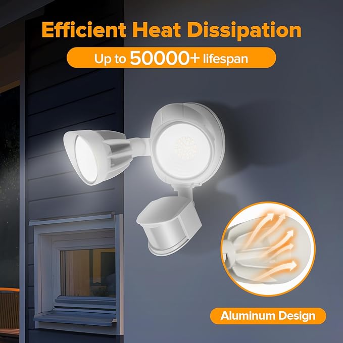 UME LED Security Light Motion Sensor Outdoor Lights 27W 3000LM 5000K IP65 Waterproof Dusk to Dawn 2 Head Motion Detector Flood Light for Outside Garage Yard (White)