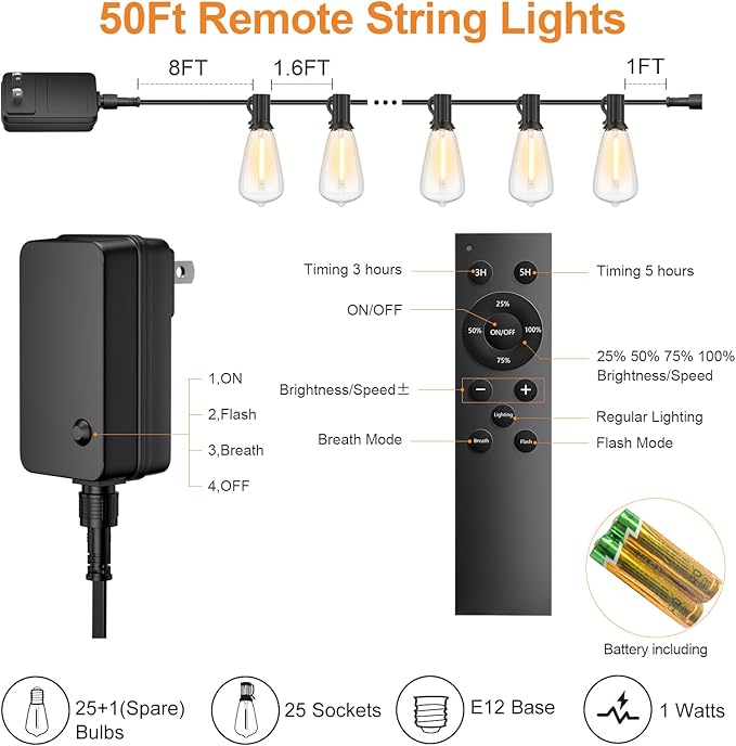 50FT Outdoor String Lights with Remote Garden Patio Decor with 2500K Warm White 25+1 LED Edison Bulbs Support Timer Dimmable Waterproof Shatterproof for Yard Outside Porch Deck Indoor