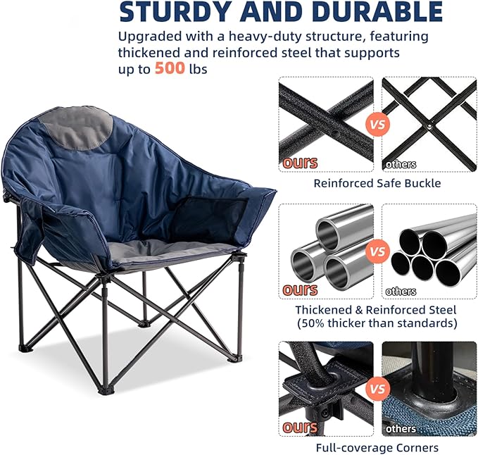 Oversized Camping Chair Padded Moon Saucer Chair Set of 2 with Cup Holder &amp Carry Bag Heavy Duty 500lbs Capacity Folding Outdoor Lounge Chair for Lawn Patio Sports - Blue &amp Gray