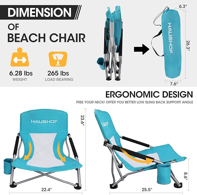 HAUSHOF Low Beach Chair Mesh Back Folding Chair Lightweight Low Seat Camping Chairs with Cup Holder Carry Bag Padded Armrest for Outdoor Beach Lawn Camping Picnic Festival