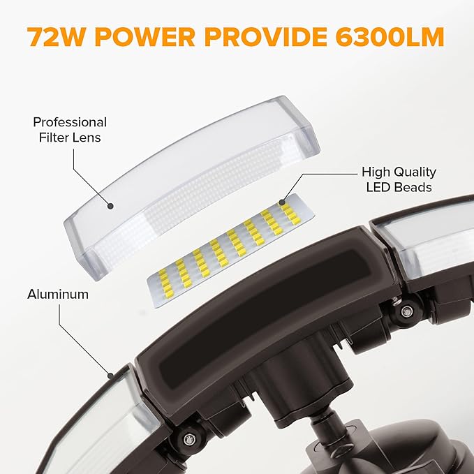 LUTEC 2 Pack 72W 7500LM LED Security Lights Motion Sensor Light Outdoor 5000K Daylight IP65 Waterproof Dusk to Dawn 3-Head Motion Detected Flood Light for Garage Yard Porch(Brown)