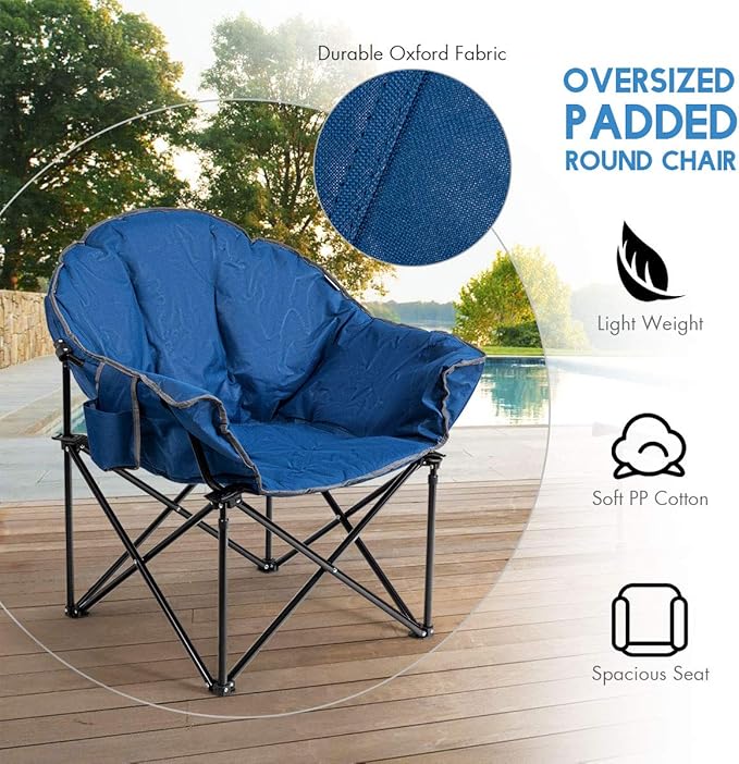 Giantex Portable Camping Chair Outdoor Folding Moon Saucer Chair for Lawn with Soft Padded Seat Cup Holder and Carry Bag