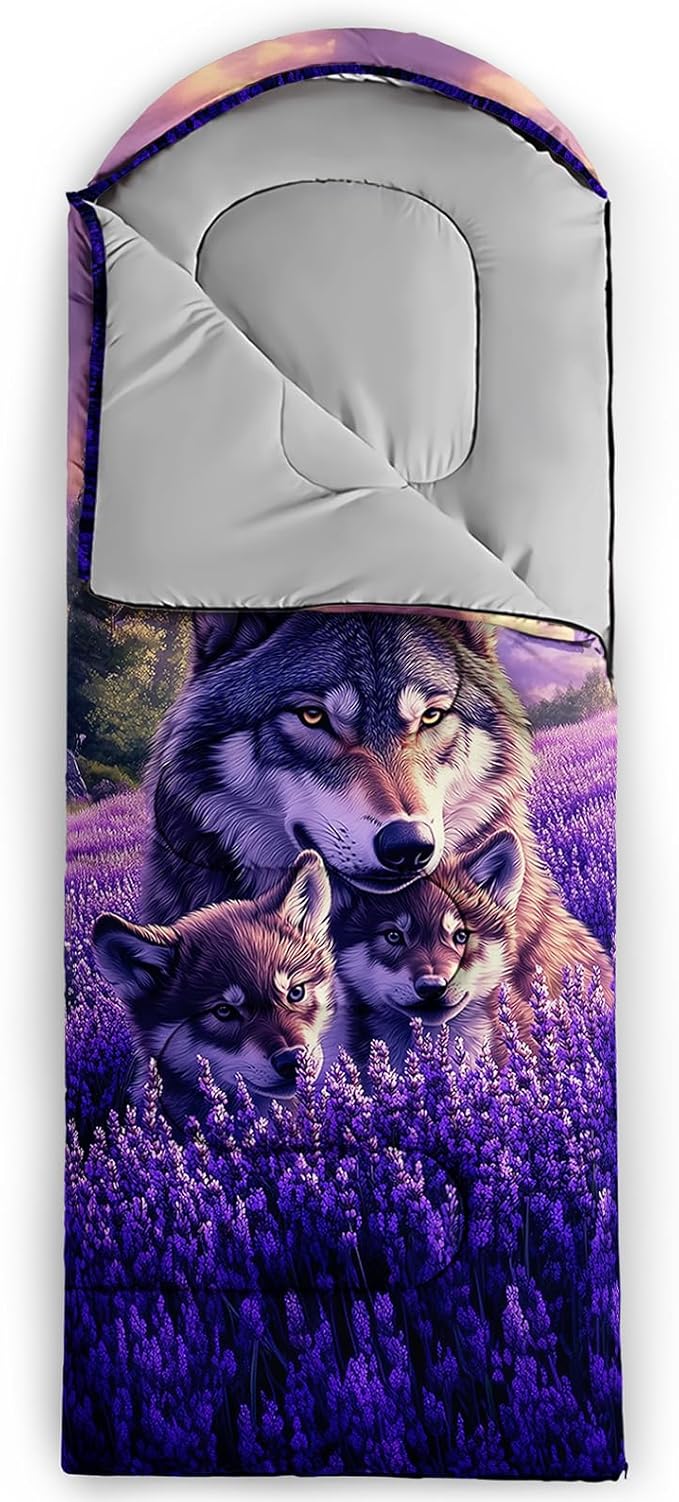AILONEN Floral Wolf Sleeping Bag for Girls WomenWarm and Cool WeatherLightweightWaterproof BackpackingColorful Flower Animal Print Sleeping Bag for Camping