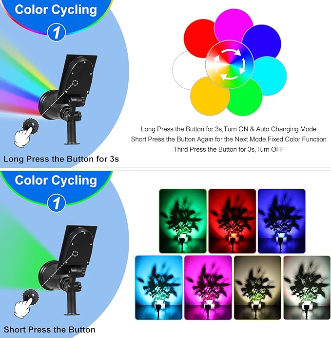 T-SUN Solar Spotlights Color Changing 7 LED Waterproof Solar Garden Lights Auto ON/OFF Adjustable Landscape Spot Lights 2-IN-1 Solar Wall lights for Patio Yard Garden Driveway Pool Area(2 Pack)