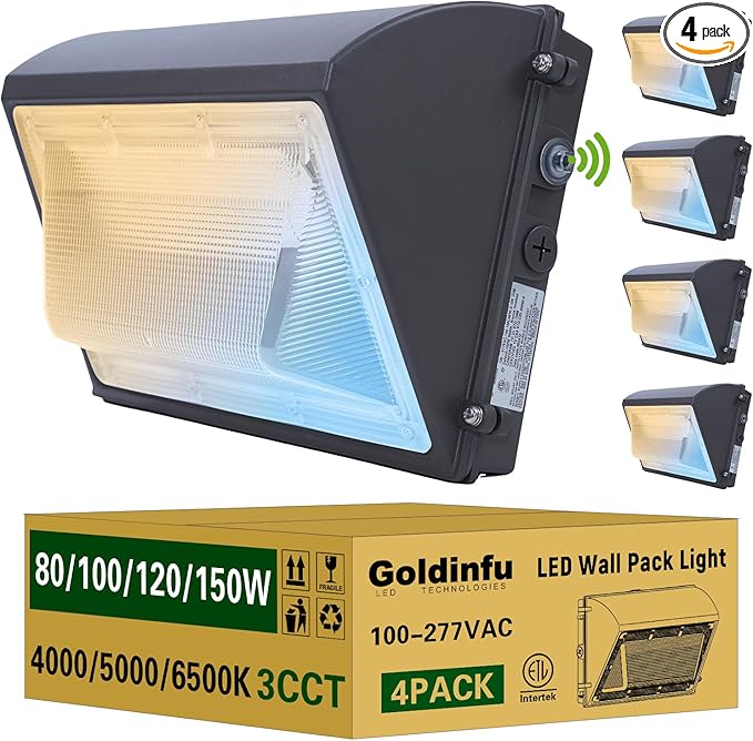 150W LED Wall Pack Light with Photocell 4Pack 4000/5000/6500K 3CCT 80/100/120/150W Selectable Commercial Security Lighting Outdoor LED Wall Lights for Parking Lot Warehouse Barn 100-277V ETL Listed
