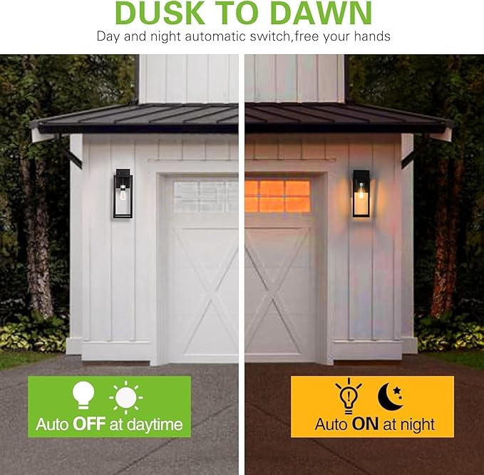 hykolity Large Outdoor Wall Light 16 Inch Lantern Dusk to Dawn Exterior Waterproof Sconce Anti-Rust Mounted Lighting with Glass Shade Matte Black Lamp with E26 Socket for Porch 2 Pack