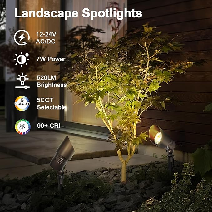 Low Voltage Spot Lights 2700K-5000K Adjustable 7W 520LM IP65 Waterproof CRI 90+ 12-24V AC/DC Outdoor Landscape Light for Garden Yard Bronze ETL Listed 8-Pack