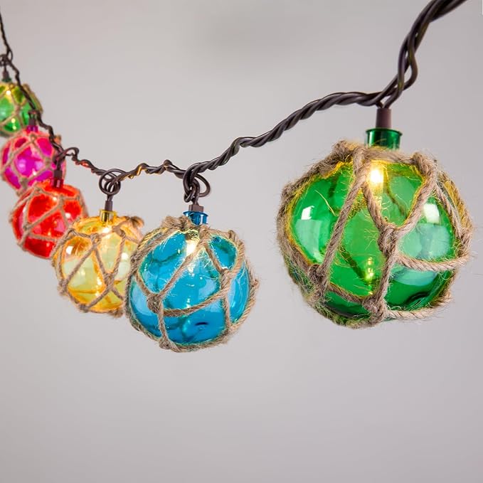 Decorative String Lights Plug in with 10 Incandescent Bulbs Nautical Fishing Float String Lights Connectable Weatherproof for Indoor Home Tiki Bar Decor and Outdoor Patio Decorations (Multi-color)