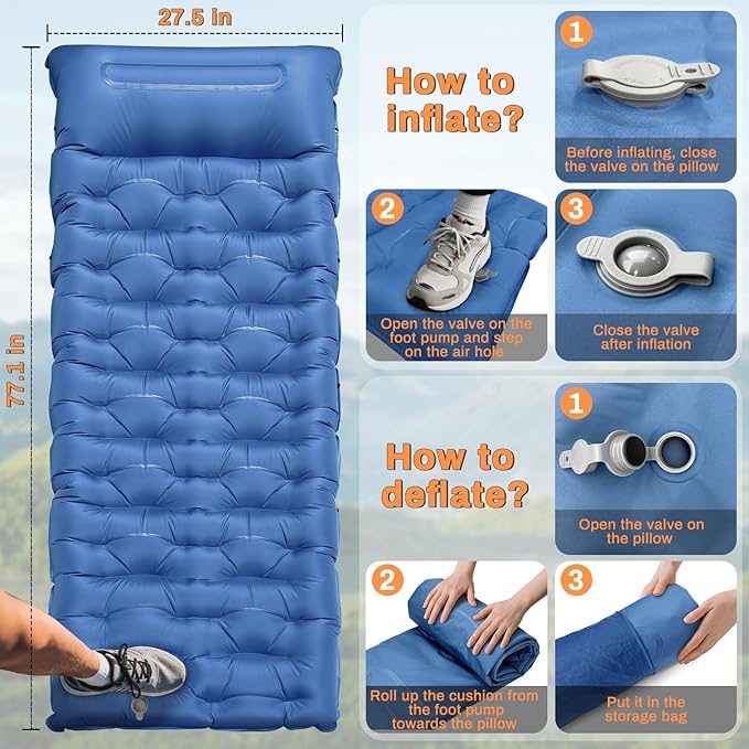 Sleeping Pad 6 Inch Sleeping Mat Camping Self Inflating Sleeping Pad for Camping with Pillow Built-in Foot Pump Ultralight Sleeping Pad Backpacking for Travel Hiking Tent Outdoor Adventure Camp Gear