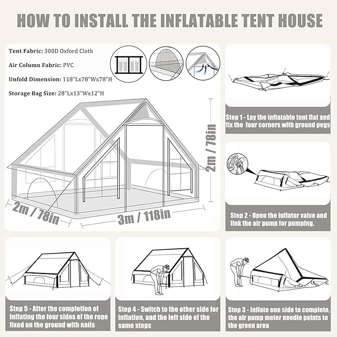 3-5 Person Family Inflatable Tents for Camping 6m² Waterproof 4-Season Blow-up Air Tent with Pump Outdoor Glamping Tents Large Family Tent for Friends Family Travel