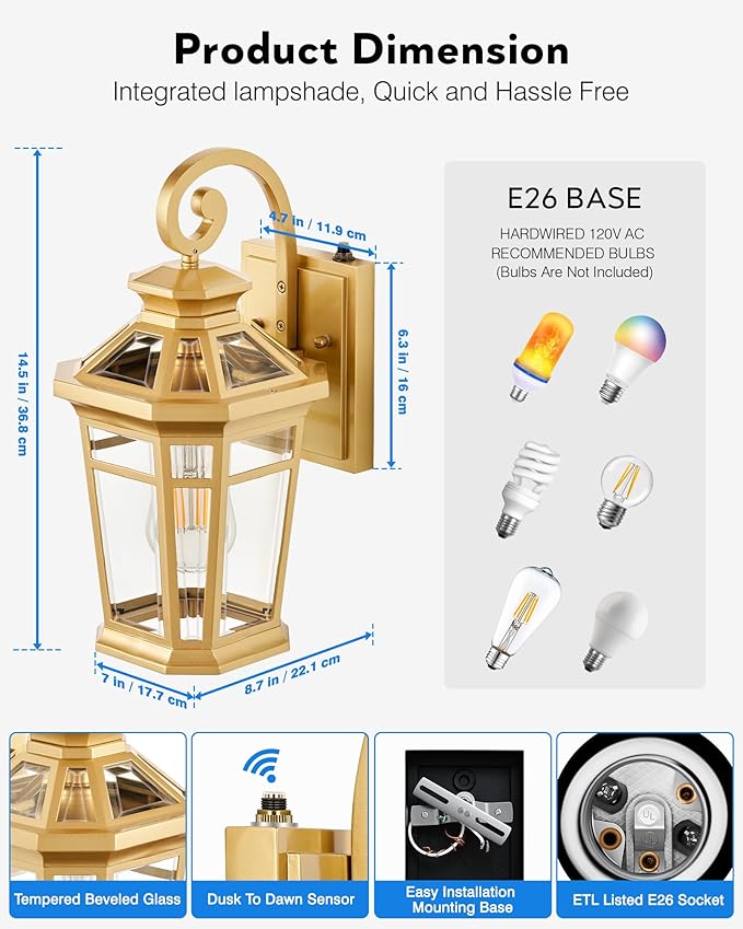 Outdoor Wall Lights Wall Mount 2-Pack Dusk to Dawn Front Porch Light Gold Modern Exterior Wall Sconce Exterior Garage Lighting Fixtures Weather Resistant Coach Lanterns Outdoor Anti-Rust