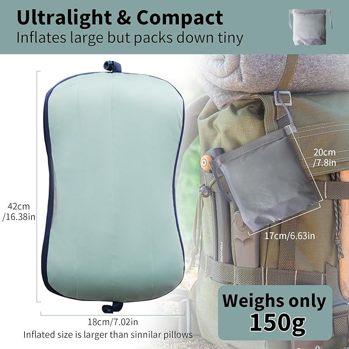 Inflatable Travel Pillow Portable Air Pillow Beach Camping Pool Pillow - Fast Inflation/Deflation Compact Neck Support (Aqua Green)