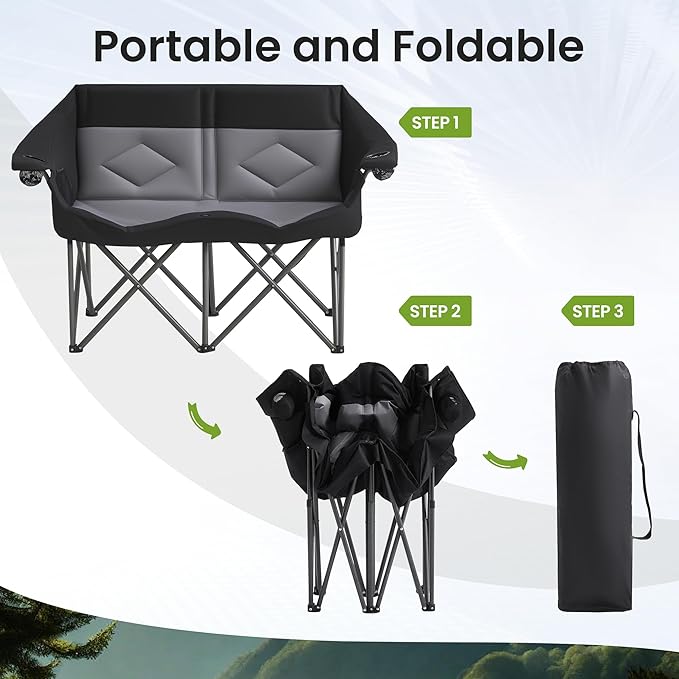 Foldable Double Camping Chair Heavy Duty 800 LBS Capacity with 2 Cup Holders &amp Side Pocket for Outdoor Camping Picnic (Black 1 PCS)