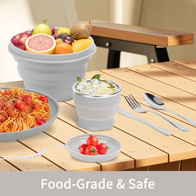 7pcs/Set Camping Mess Kit - Foldable Camping Utensils Portable Travel Silverware Set with Silicone Cup Silicone Bowl Plastic Plate Stainless Steel Tableware Camping Mess Kit for 1 Person