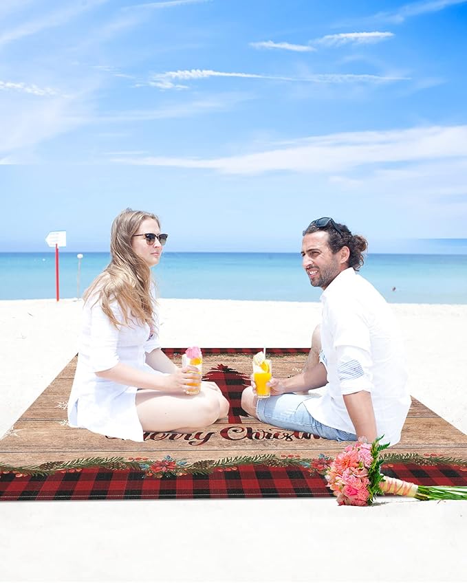 Beach Blanket Waterproof Sandproof OversizedWinter Christmas Buffalo Lattice Tree Beach Mat with Corner Stakes Sand PocketsWooden Grain Outdoor Picnic Mat for Travel Camping Hiking 95x80In