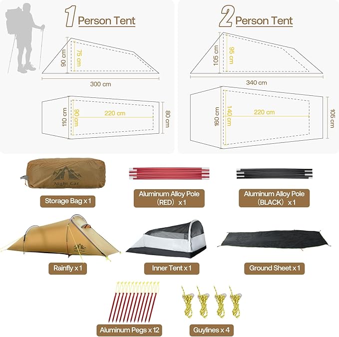 Night Cat Ultralight Tunnel Tent: Waterproof Lightweight Two People Backpacking Tent for Outdoor Camping Hiking Treeking with Double Layers Aluminum Poles and Footprint