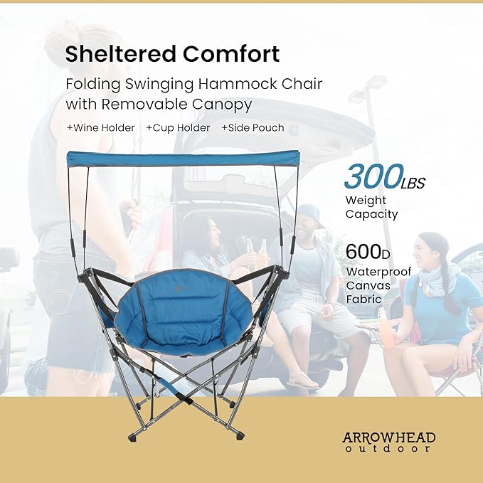ARROWHEAD OUTDOOR Portable Folding Swinging Hammock Camping Chair Removable Canopy Perfect for Stargazing Cup Holder Storage Pouch Carrying Bag Included Supports up to 300lbs USA-Based Support